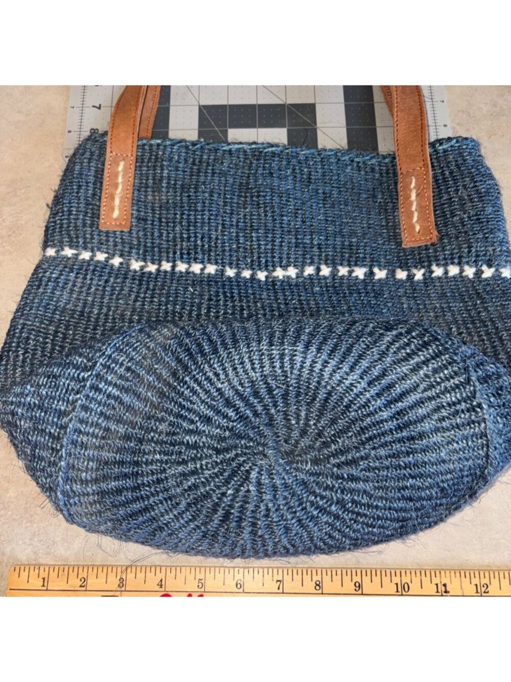 Handwoven Blue Straw Tote Bag With Leather Handles Circular Base & White Accent
